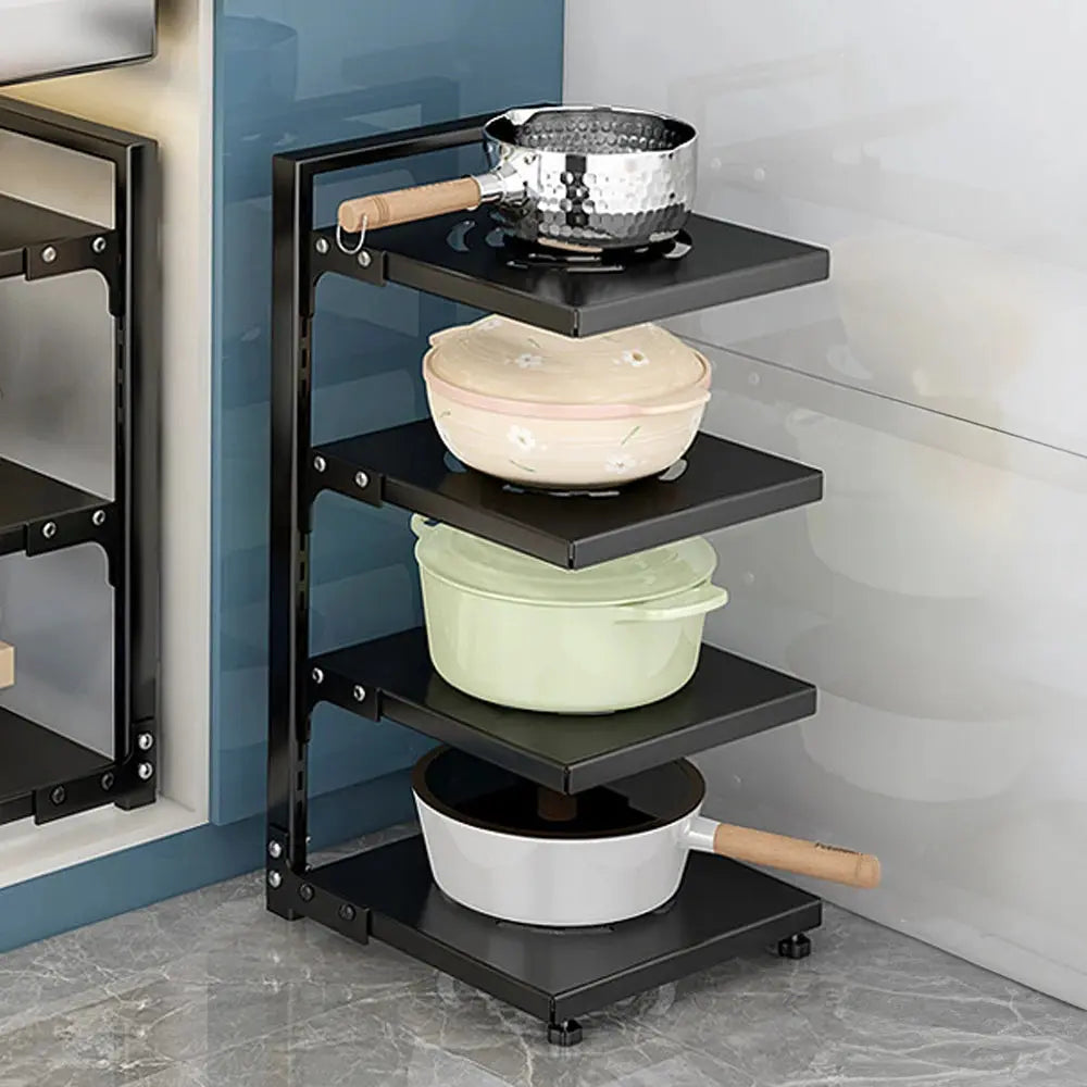 Multi-Tier Height-Adjustable Kitchen Pan Organizer Rack 180-degree Open Access