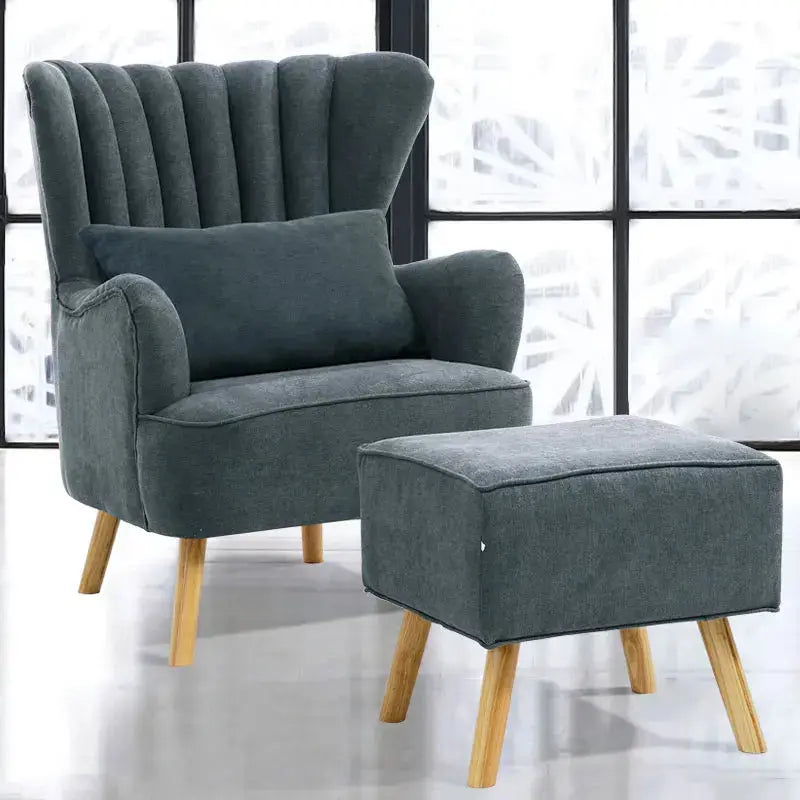 Suede Wingback Armchair with Footstool and Lumbar Pillow Furnish Wise