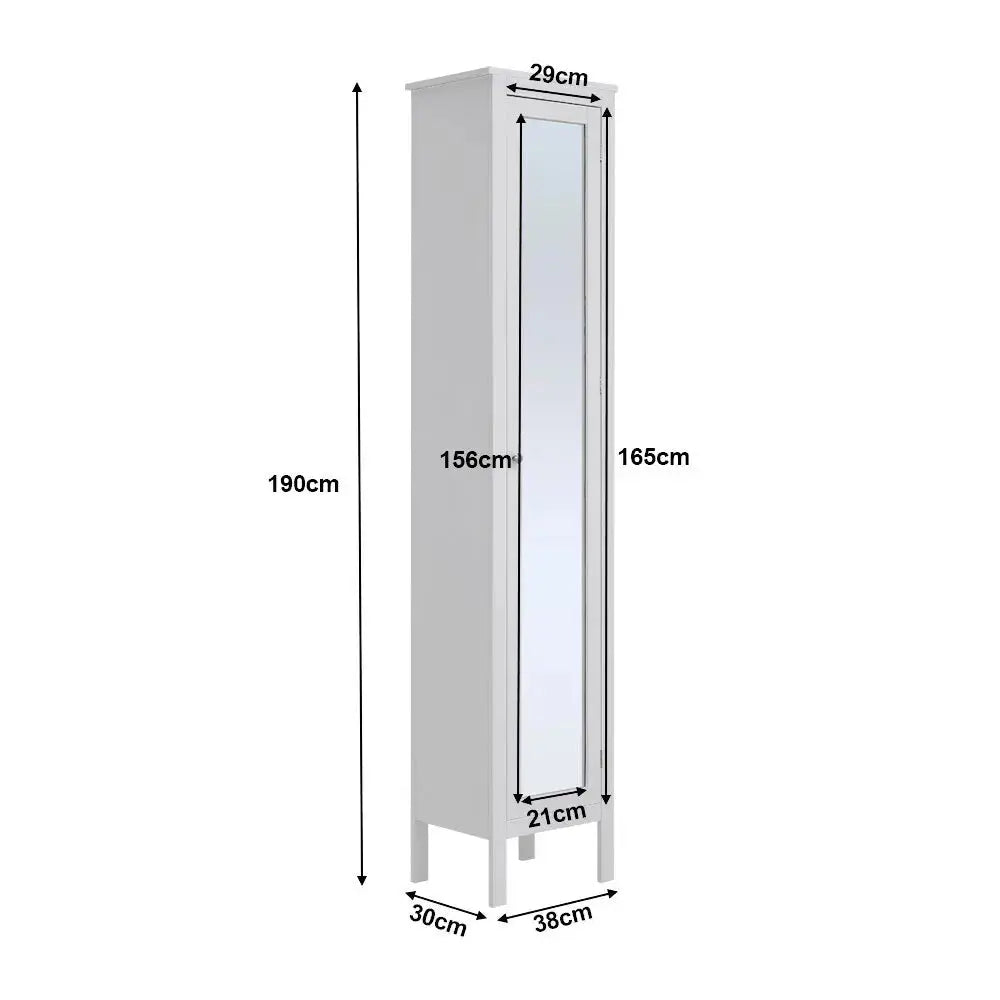 Slim White Tall Cabinet with Mirror Door Five Adjustable Shelves