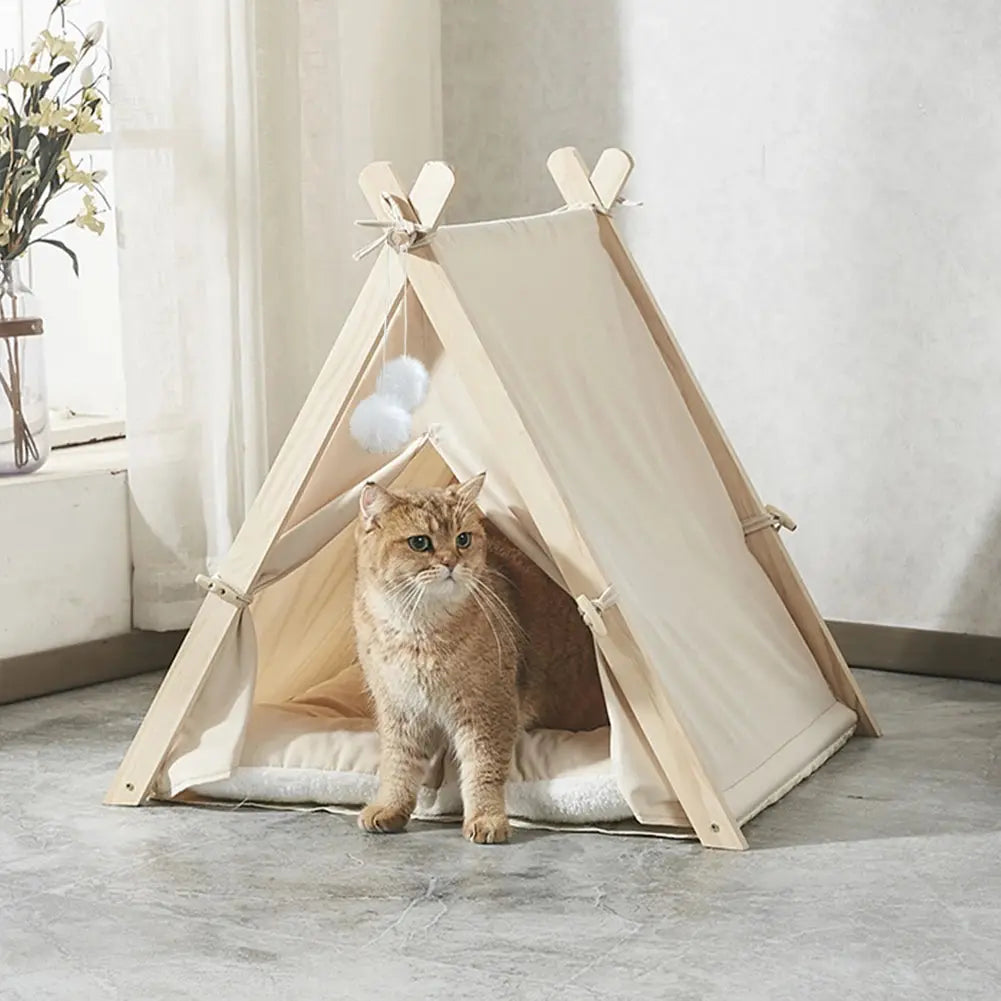 Cozy Pet Tent Teepee with Thick Cushion & Wooden Frame