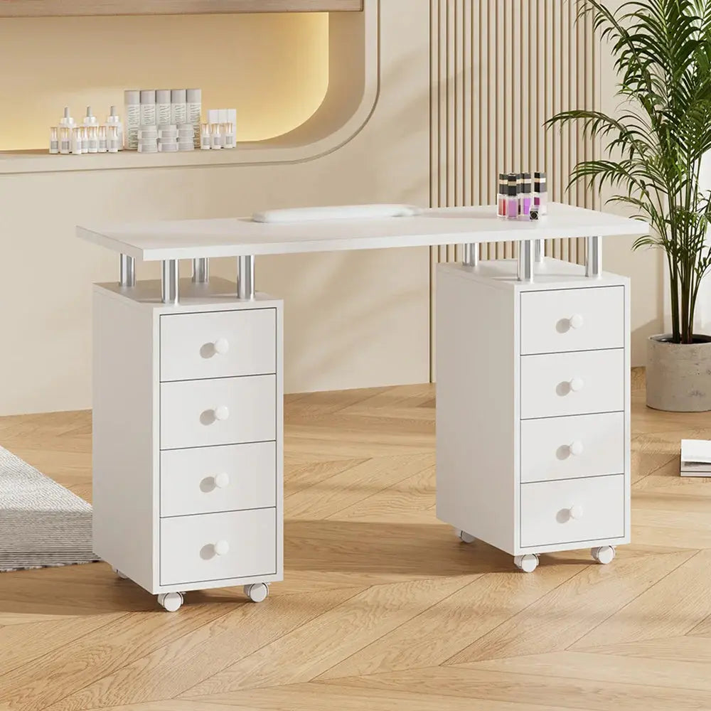 8 Drawers Manicure Station Nail Table Salon Nail Desk on Wheels Furnish Wise