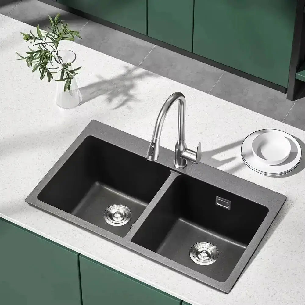 Grey Quartz Undermount Kitchen Sink Double Bowl