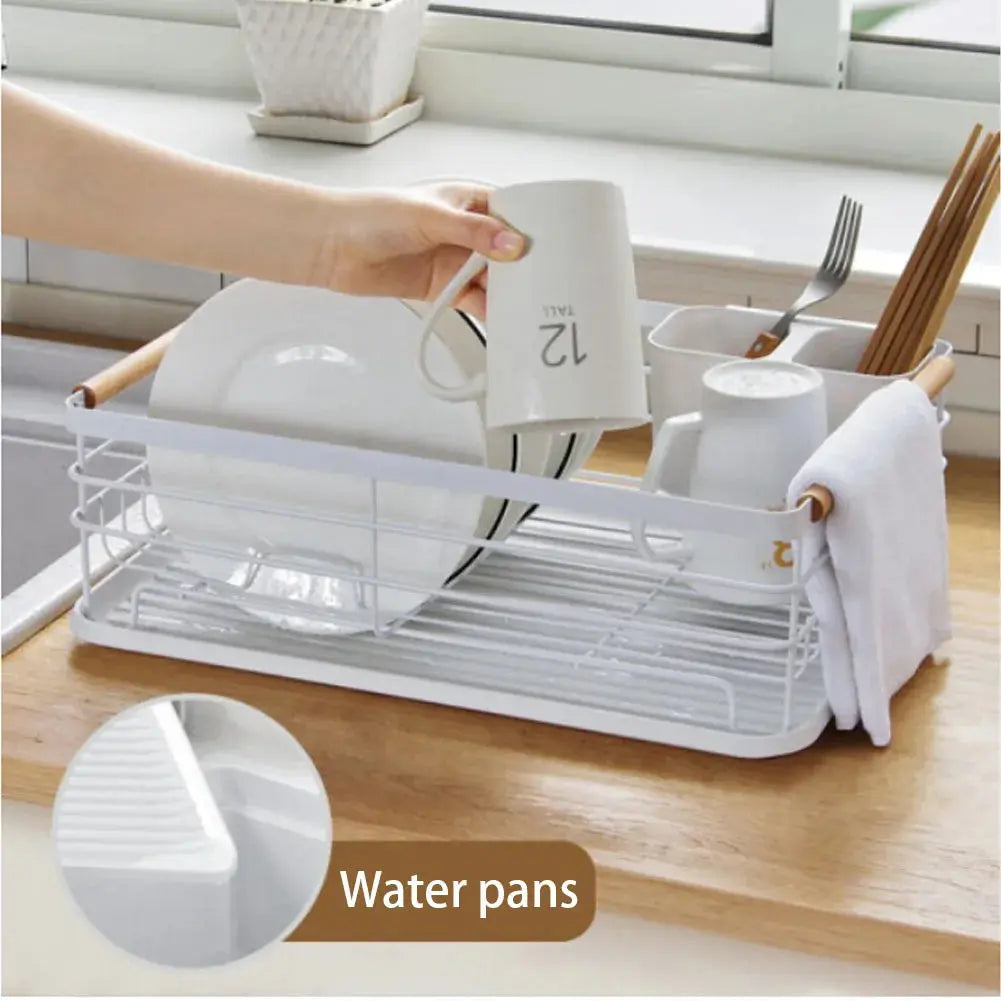 Iron Dish Drainer with Detachable Drip Tray, Wooden Handle and Ventilation System