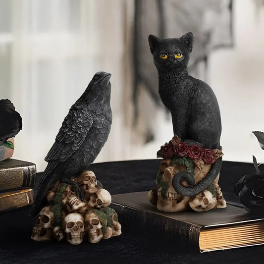 Resin Skull Head Sculpture Crow Black Cat Statue Figurine Creative Desktop Skull Figurine Home Office Decor Gift Furnish Wise