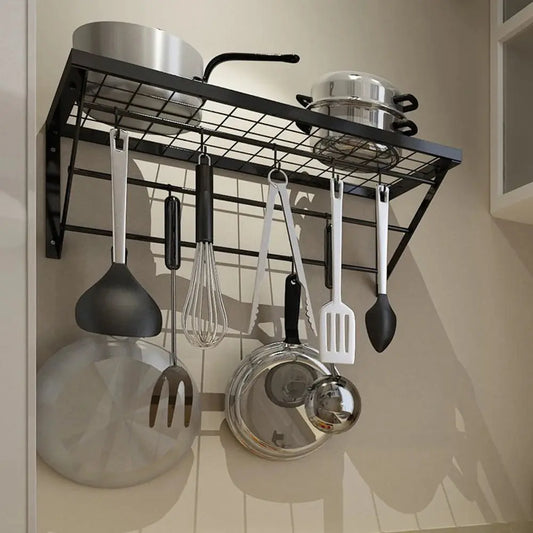 Wall Mounted Iron Hanging Pot Pan with 10 Hooks Furnish Wise