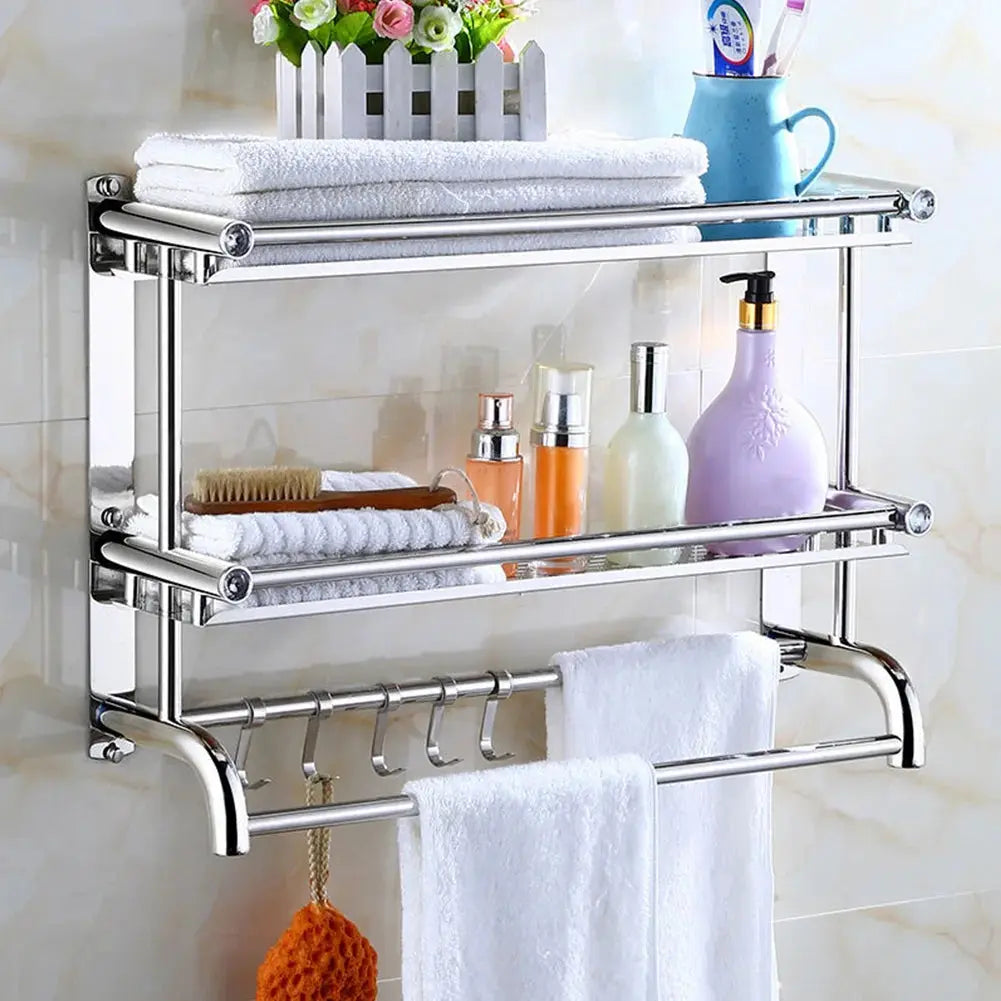 Wall Mounted Bath Towel Rail Bathroom Shelf Holder with Hooks