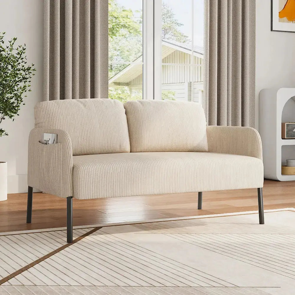 2-Seat Beige Corduroy Sofa with Armrests And Wooden Legs Furnish Wise