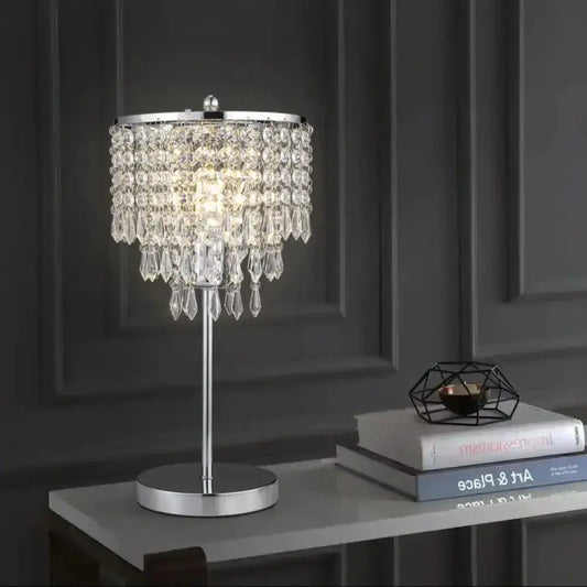 Modern Chrome and Crystal Shade Table Lamp Furnish Wise
