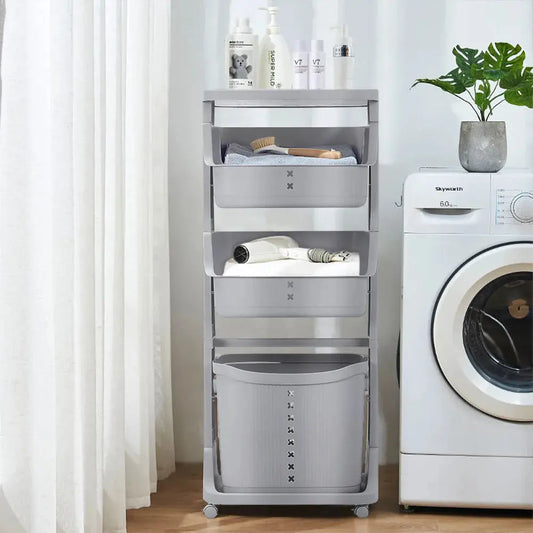 Grey 4 Tier Storage Rack Laundry Basket with Wheels Furnish Wise