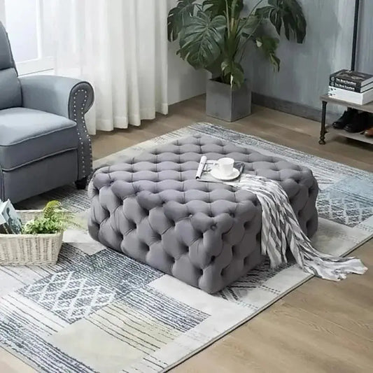 Grey Square Velvet Upholstered Buttoned Footstool Furnish Wise