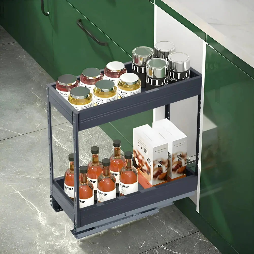 2-Tier Kitchen Cabinet Pull Out Aluminium Shelf Extendable Slide Out Drawer