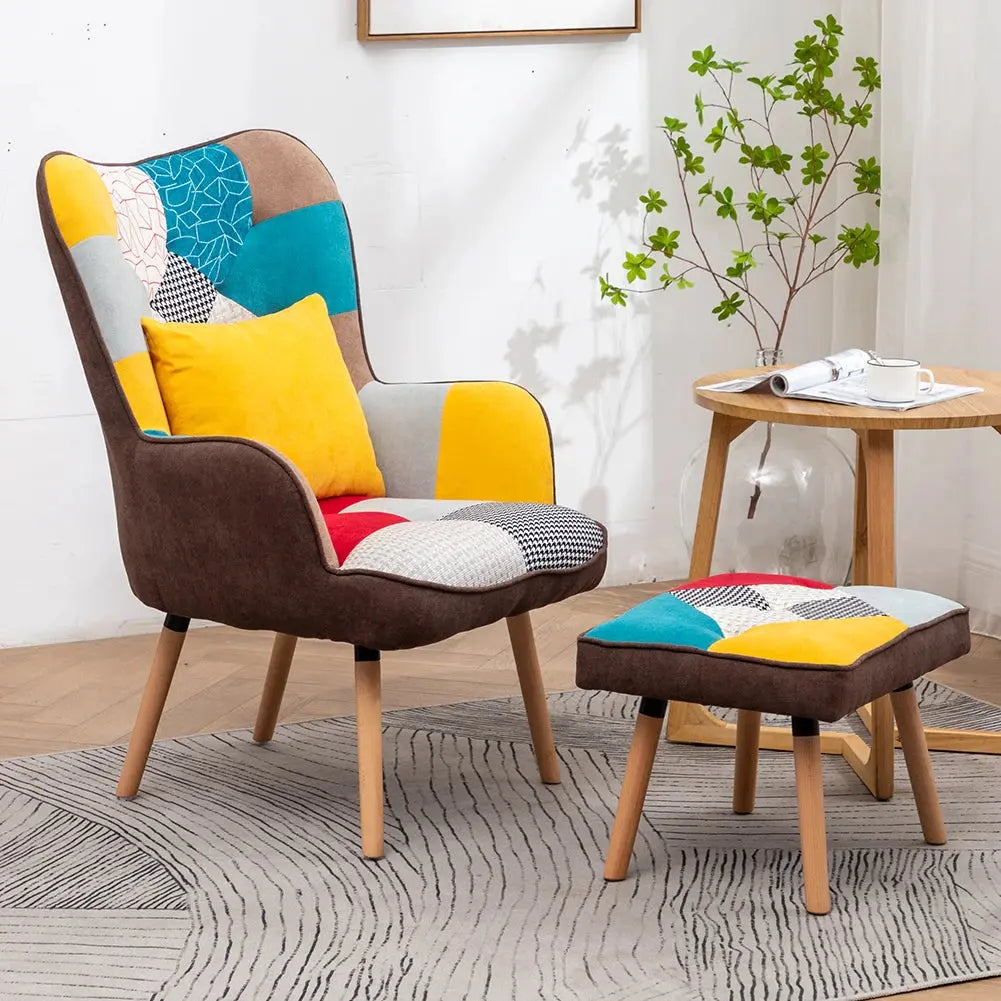 Multicolor Wingback Lounge Chair with Footstool and Pillow