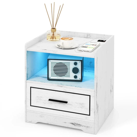 LED Nightstand Smart Bedside Table with USB & Type-C Port Furnish Wise