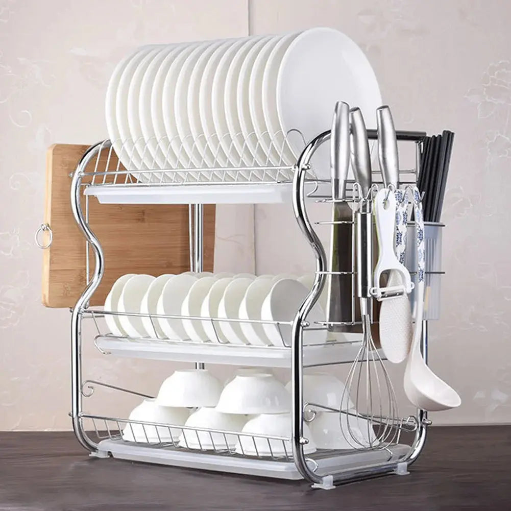 Kitchen Chrome Dish Drainer Cutlery Cup Plates Holder Sink Rack Drip Tray 3 Tier Furnish Wise