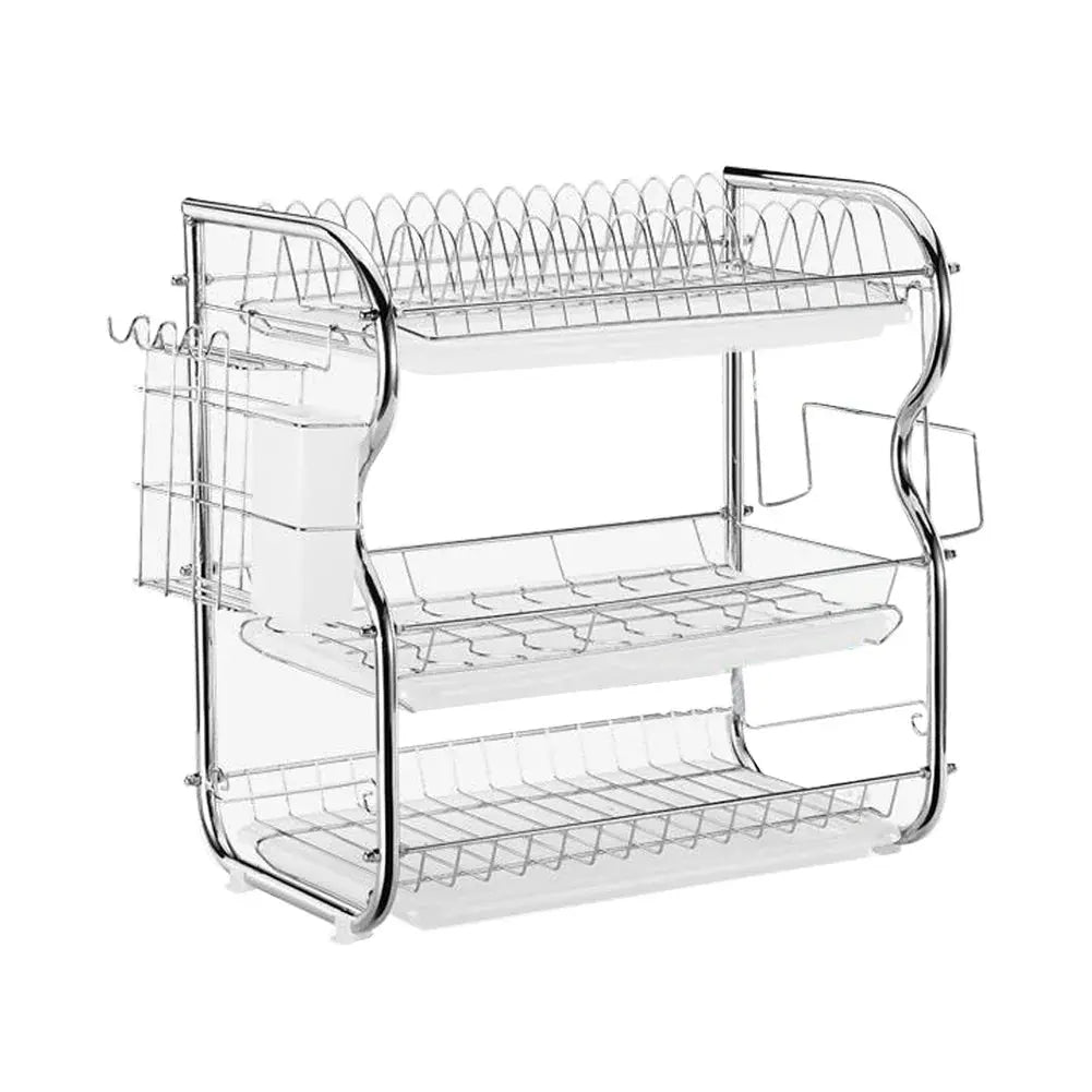 Kitchen Chrome Dish Drainer Cutlery Cup Plates Holder Sink Rack Drip Tray 3 Tier Furnish Wise