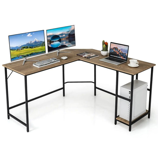 L-Shaped Computer Desk with 2-tier Shelves Furnish Wise