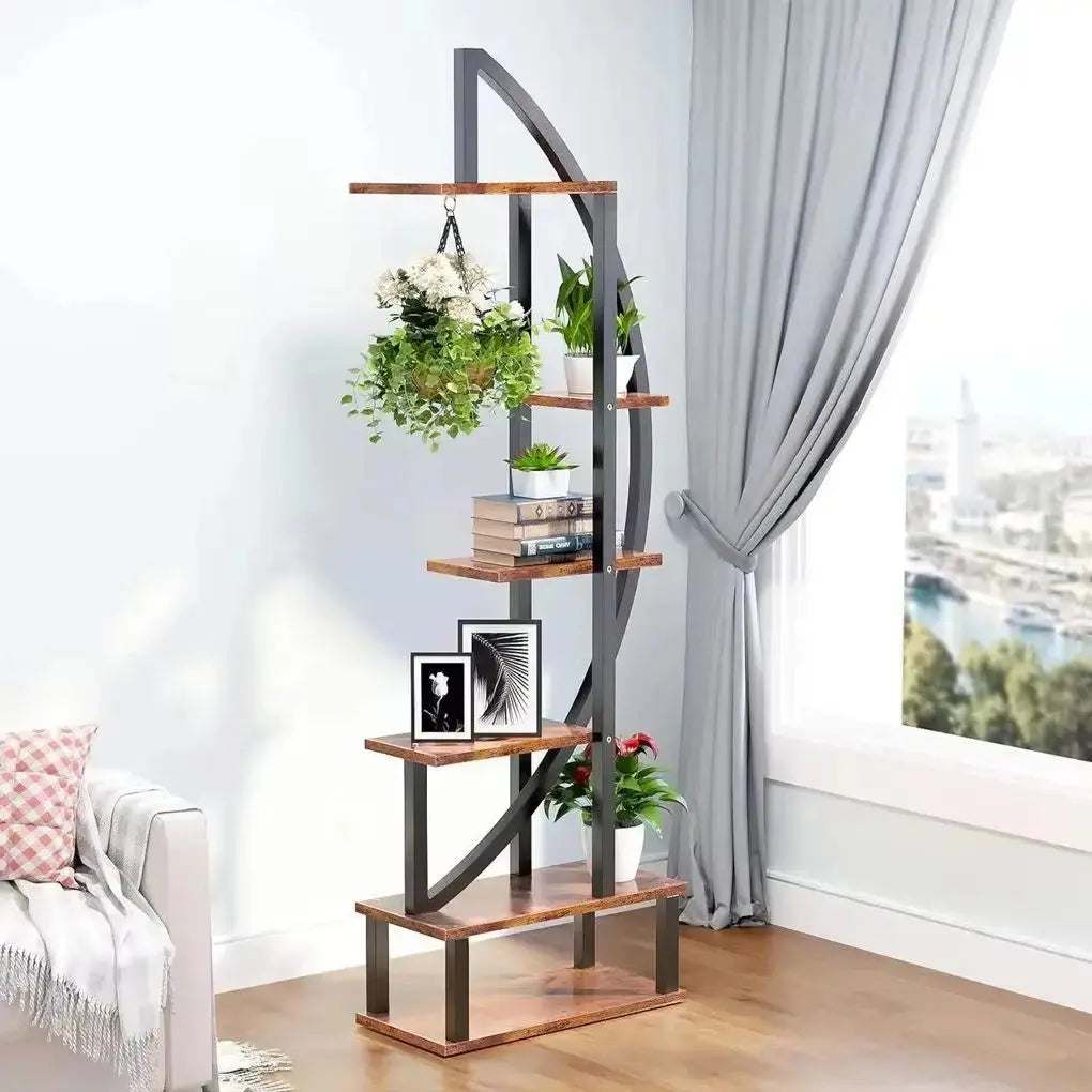 2-Piece Brown Crescent Wood Tiered Plant Stand