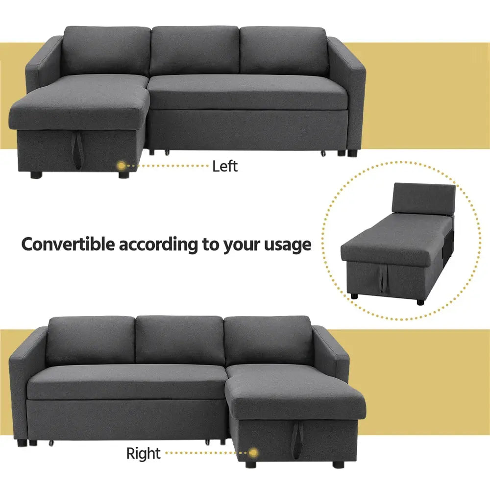 Dark Grey Corner 3-Seater Sofa Bed with Storage Furnish Wise