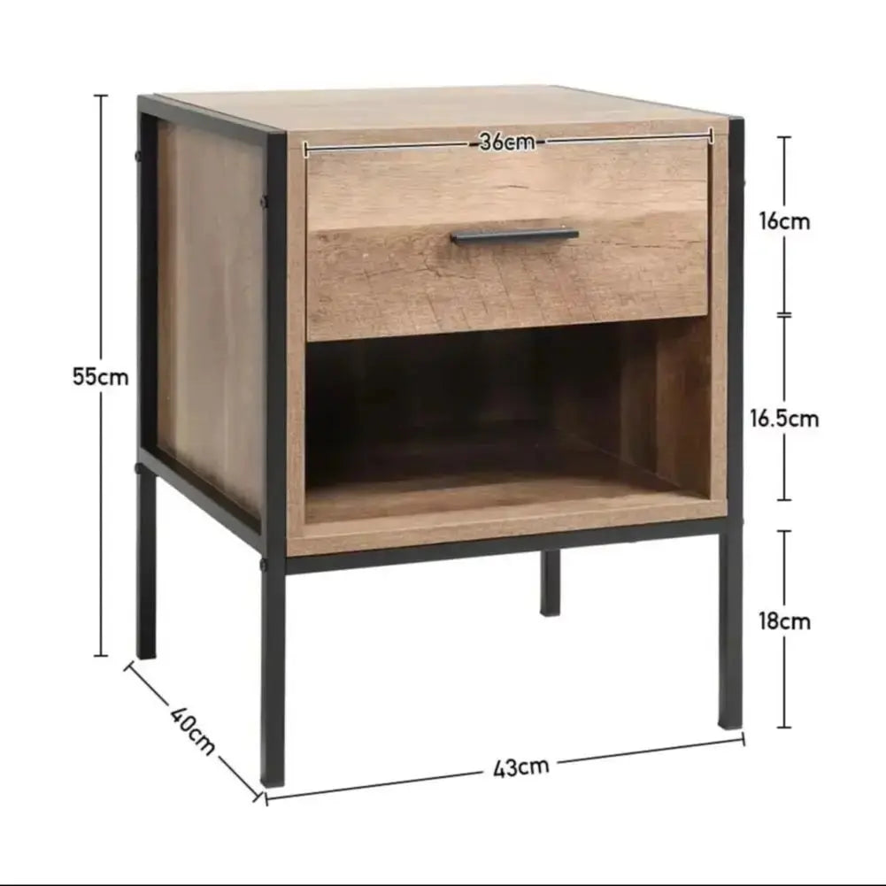 Metal Frame Wood Industrial Bedside Table with Drawer for Bedroom Furnish Wise