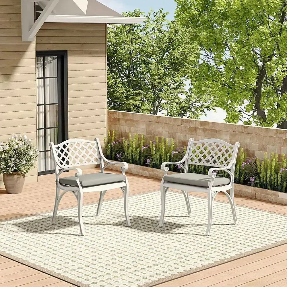 2-Piece White Cast Aluminium Garden Dining Chairs With Cushion