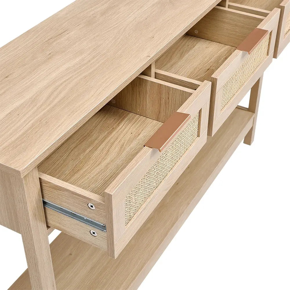 Rustic Wood Console Table with 3 Rattan Drawers