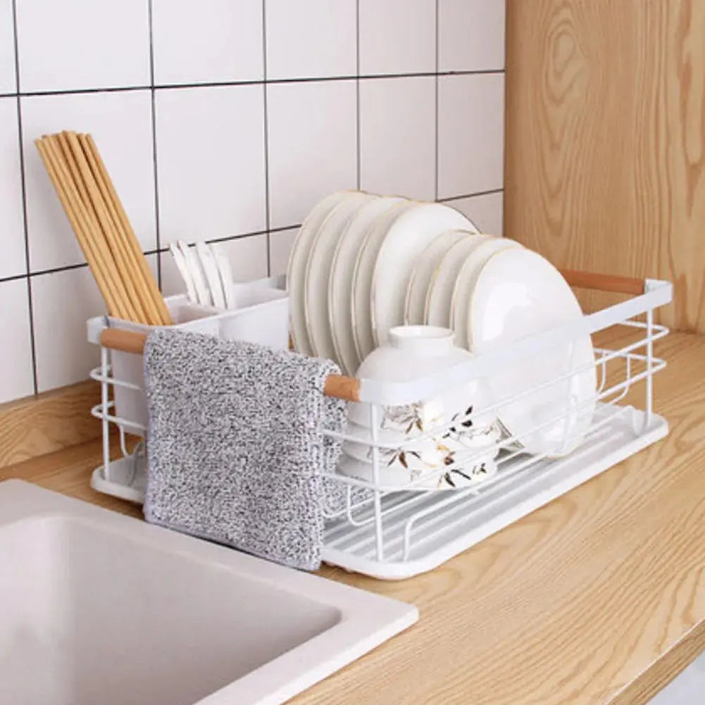 Iron Dish Drainer with Detachable Drip Tray, Wooden Handle and Ventilation System