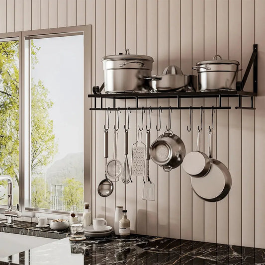 Wall Mounted Hanging Pot Pan Shelf with Hooks Furnish Wise