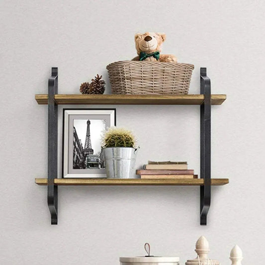 2 Tier Wall Mounted Metal Frame Wood Storage Shelf Furnish Wise