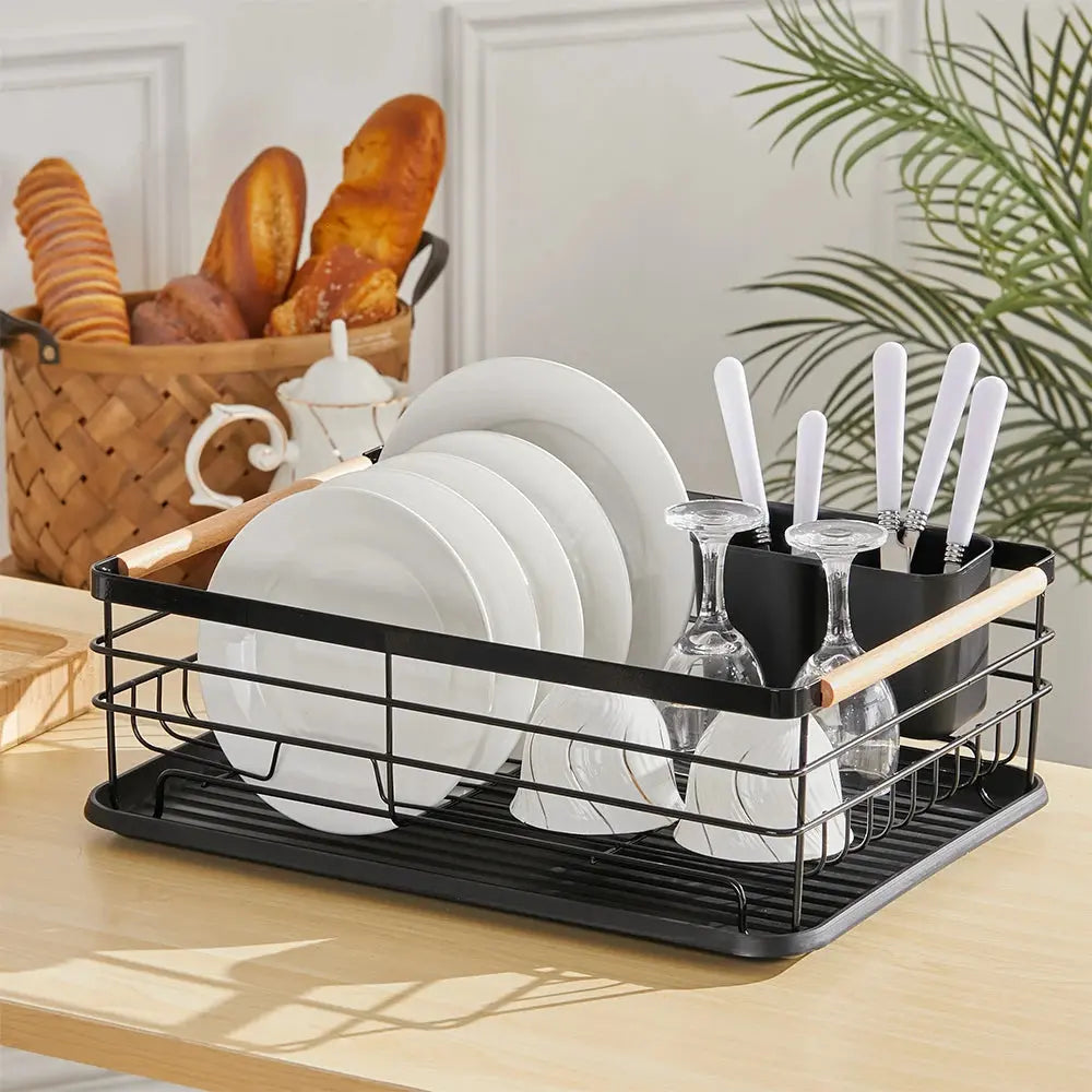 Iron Dish Drainer with Detachable Drip Tray, Wooden Handle and Ventilation System