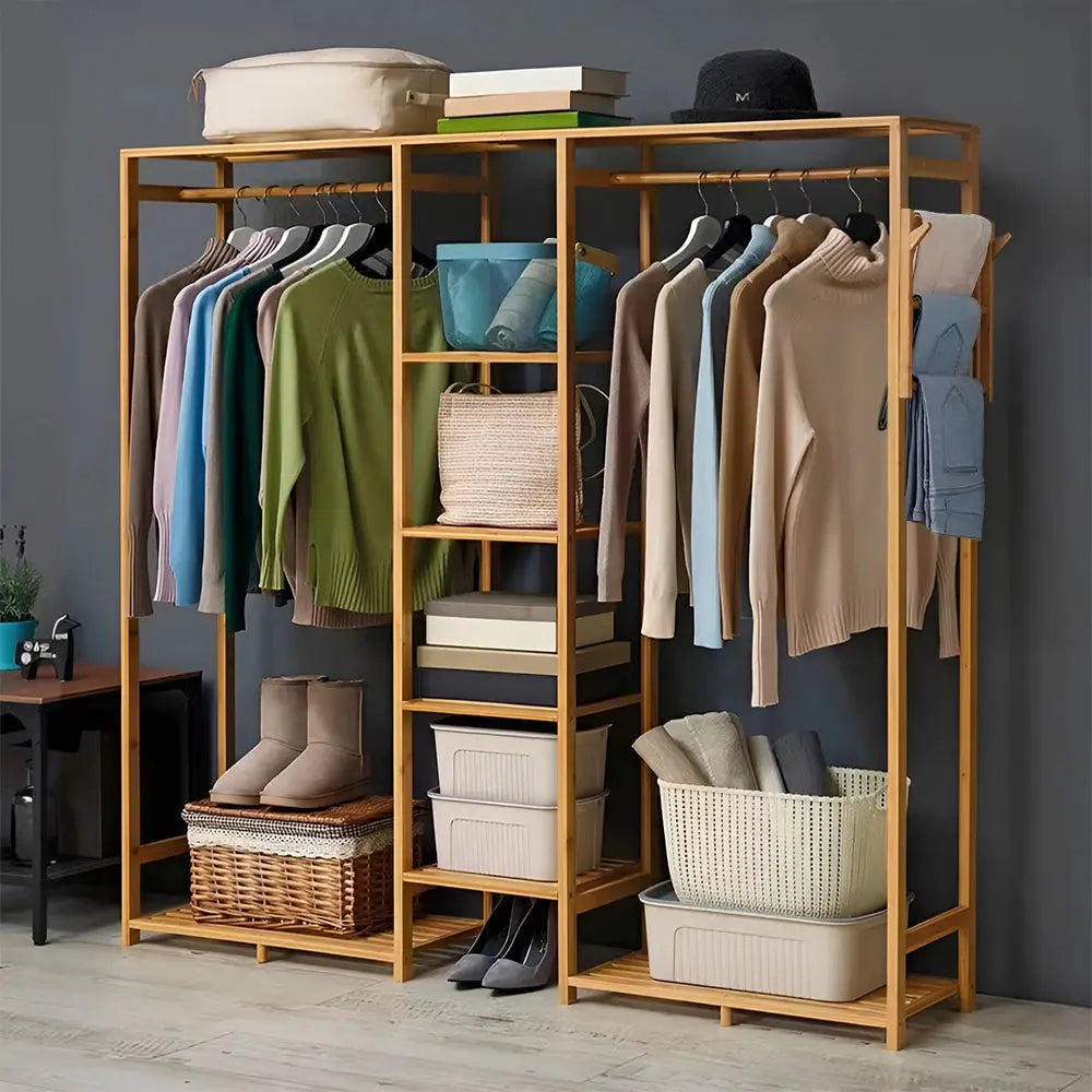 6 Tier Bamboo Wooden Clothes Rack with Side Hooks