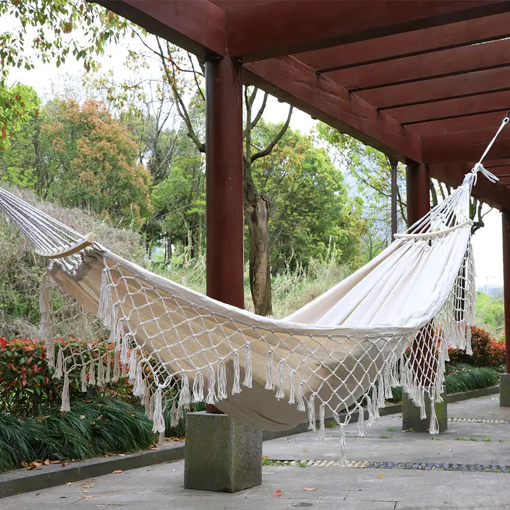 2 Person Beige Camping High Load Bearing Hammock with Tassles