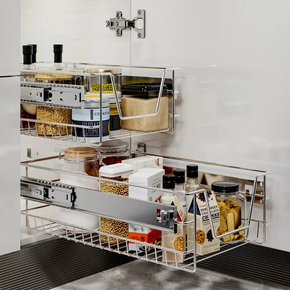 2-Piece Metal Sliding Kitchen Cabinet Pull Out Wire Basket Organiser