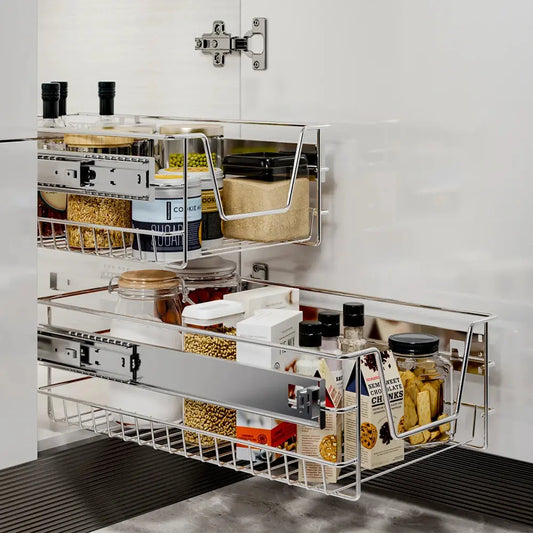 2-Piece Metal Sliding Kitchen Cabinet Pull Out Wire Basket Organiser Furnish Wise