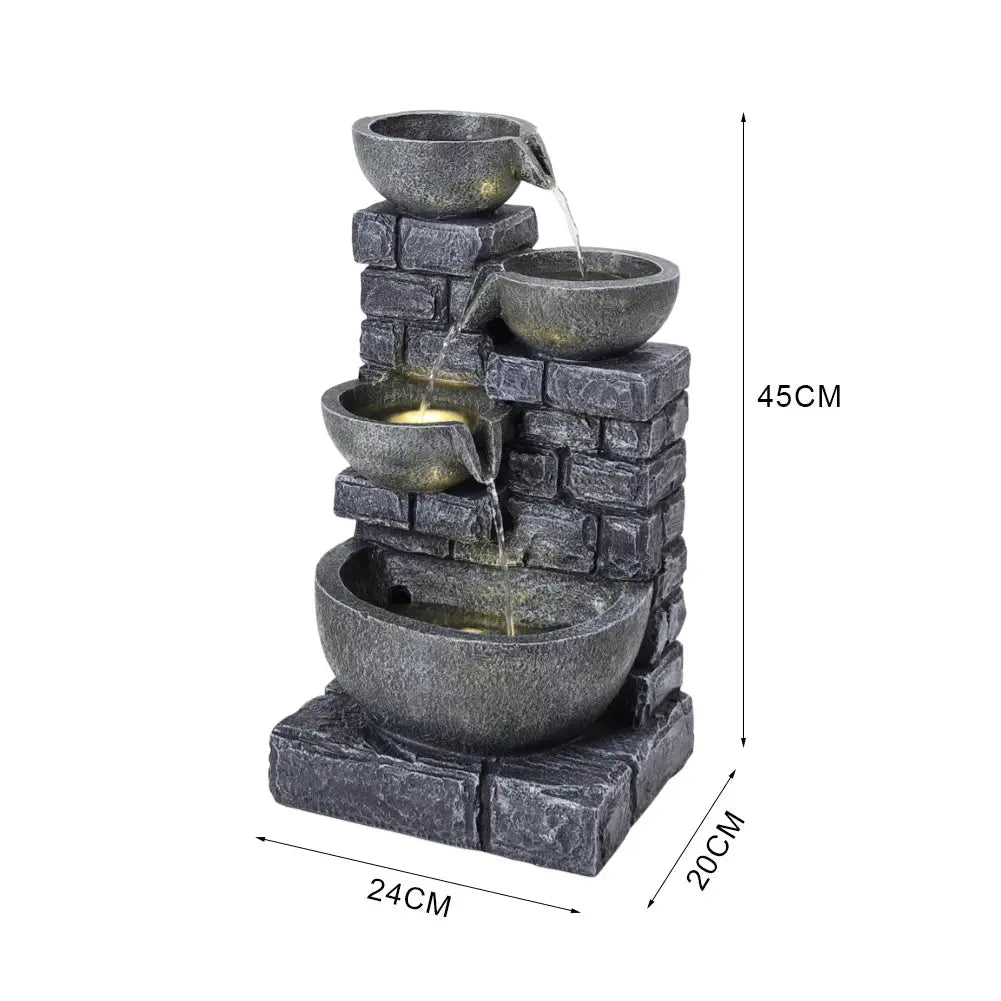 Rustic Solar Water Fountain with LED Lights for Gardens, Patios and Balconies