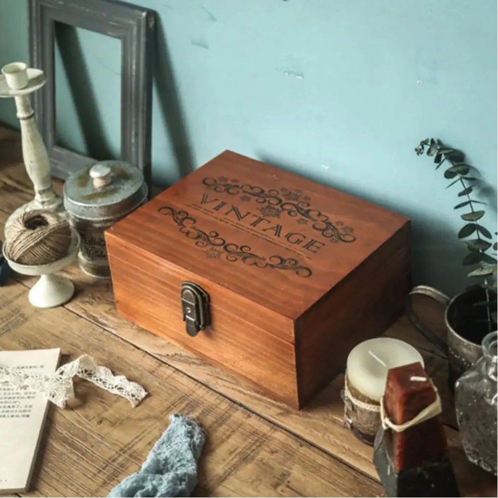 Vintage Wooden Storage Box with Hinged Lid and Lock Clasp