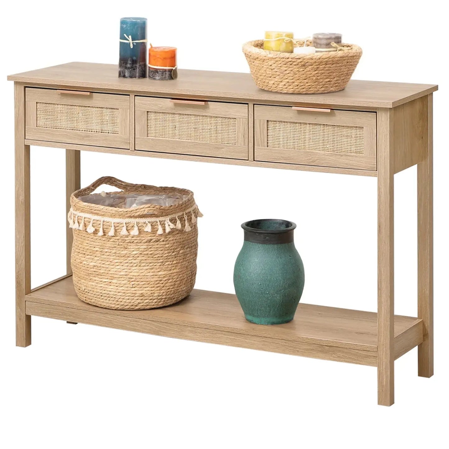 Rustic Wood Console Table with 3 Rattan Drawers
