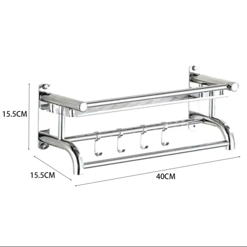 Wall Mounted Bath Towel Rail Bathroom Shelf Holder with Hooks