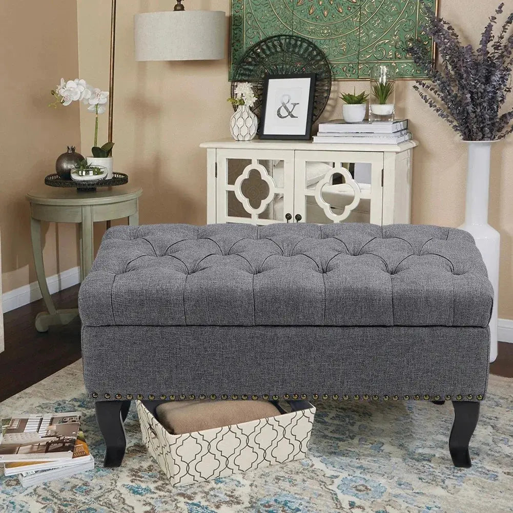 Grey Modern Nailhead Trim Buttoned Ottoman Bench