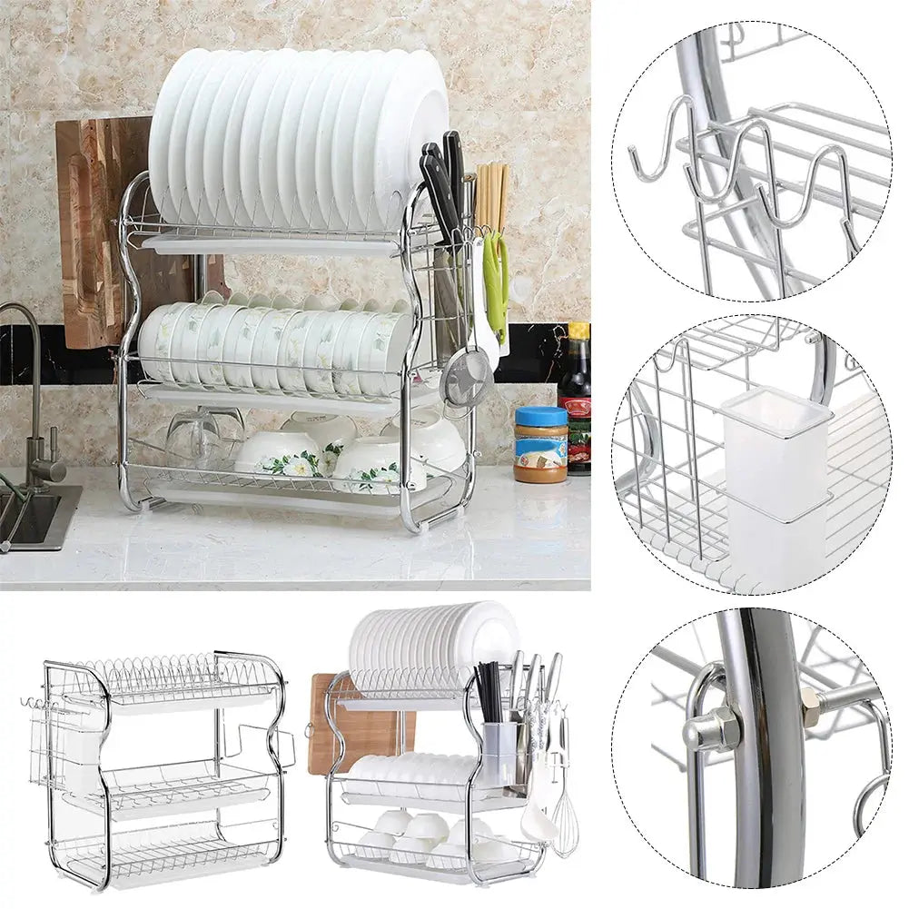 Kitchen Chrome Dish Drainer Cutlery Cup Plates Holder Sink Rack Drip Tray 3 Tier Furnish Wise