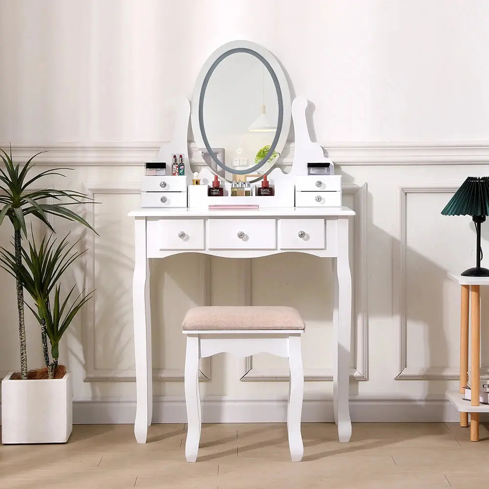 Makeup Vanity Desk Set with LED Lighting, Table & Cushioned Stool