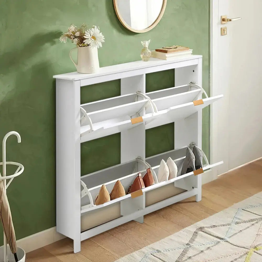 Flip Down Wood Shoe Cabinet in White