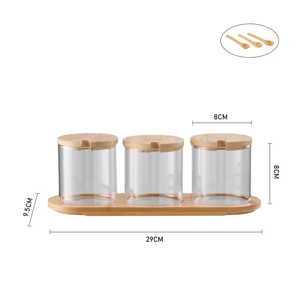 3-Piece Glass Spice Jars Seasoning Box Set with Bamboo Spoons