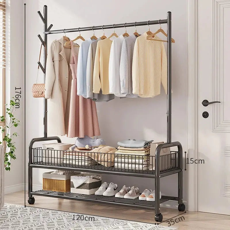 Mobile Clothes Rack with Storage - Freestanding Garment Organizer with Hooks & Shelves, Floor Hanger for Bedroom, hanger rack Furnish Wise