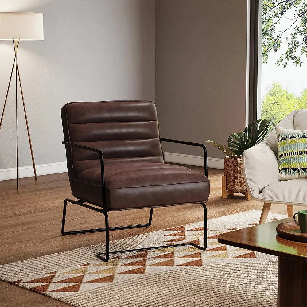 Mid-Century PU Leather Linen Armchair with Metal Base