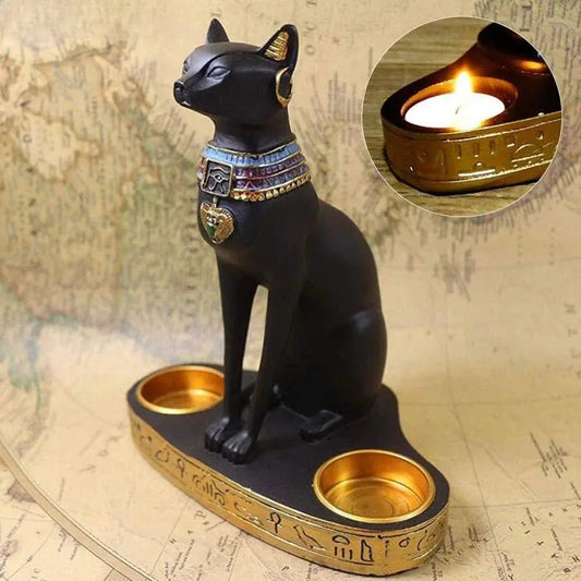 Egyptian Cat Craft Candlestick Candle Holder Resin Statue Retro Cat Goddess Figurine Home Office Garden Decoration Gift Ornament Furnish Wise