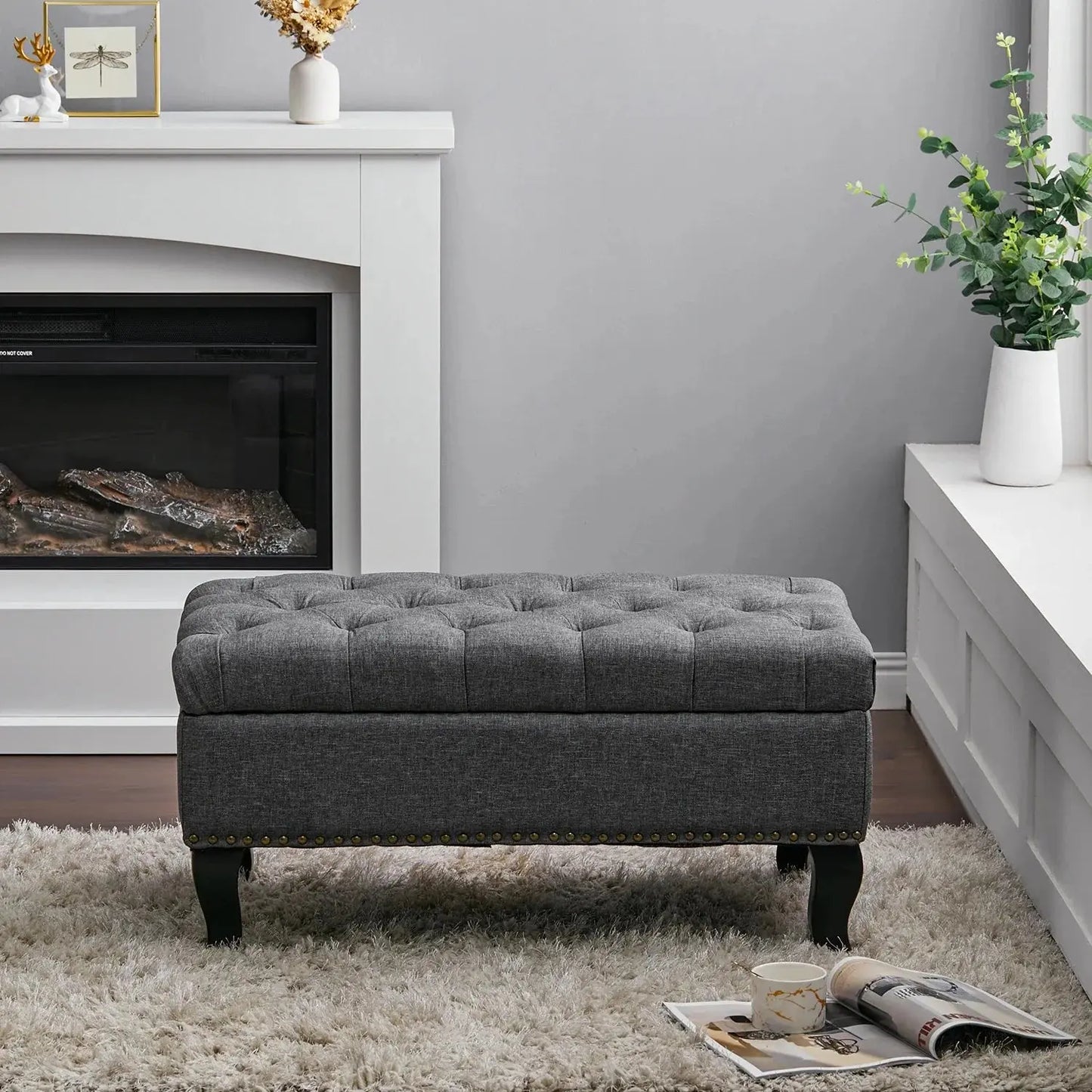 Grey Modern Nailhead Trim Buttoned Ottoman Bench