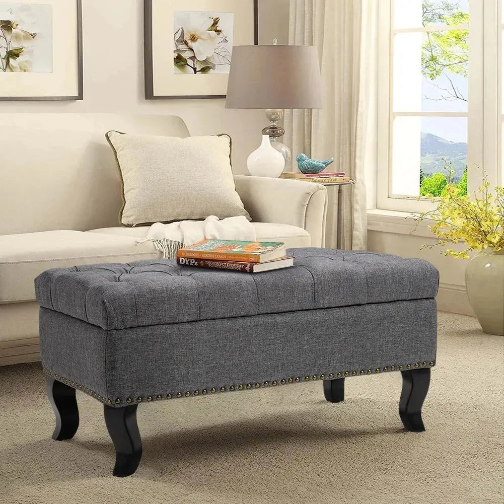Grey Modern Nailhead Trim Buttoned Ottoman Bench Furnish Wise