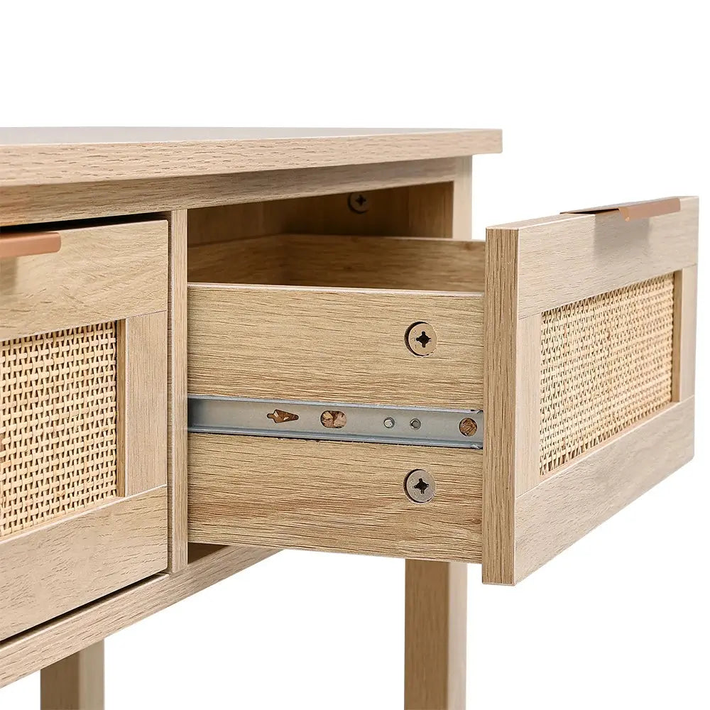 Rustic Wood Console Table with 3 Rattan Drawers