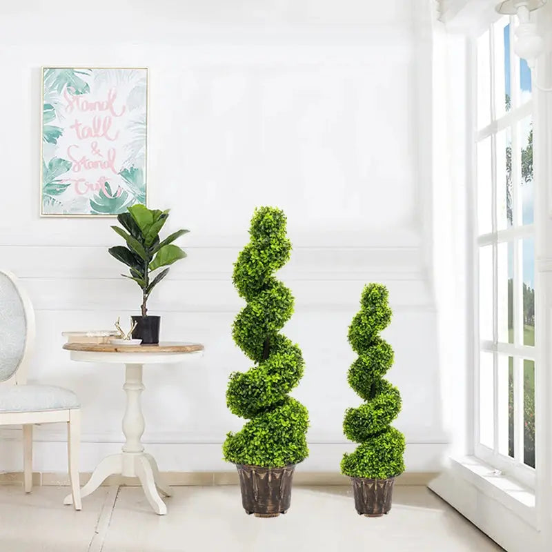 Voltsify 2pcs Artificial Potted Rotating Topiary Trees Garden Yard Ornament with Pot