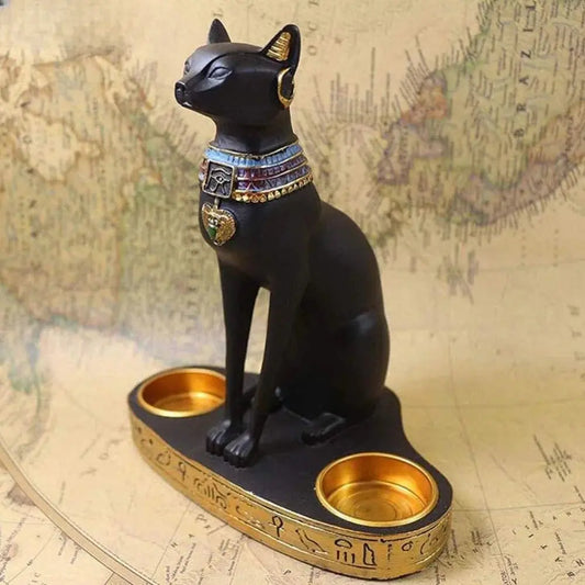 Egyptian Cat Craft Candlestick Candle Holder Resin Statue Retro Cat Goddess Figurine Home Office Garden Decoration Gift Ornament Furnish Wise